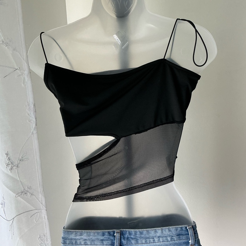 Y2K Black Mesh Cut Out Crop Top Ladies Large